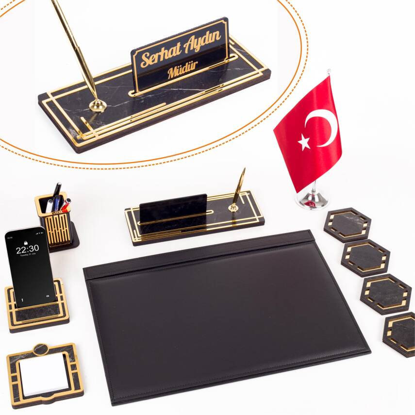 Sümen Takımı Türk Bayraklı 10 Parça Siyah Kişiye Özel Ahşap İsimlikli Mermer Desenli Türk Bayrağı - 1