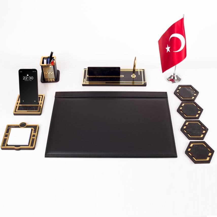 Sümen Takımı Türk Bayraklı 10 Parça Siyah Kişiye Özel Ahşap İsimlikli Mermer Desenli Türk Bayrağı - 2