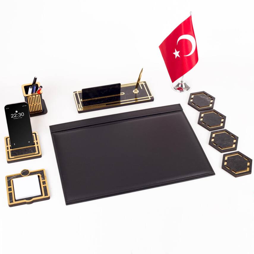 Sümen Takımı Türk Bayraklı 10 Parça Siyah Kişiye Özel Ahşap İsimlikli Mermer Desenli Türk Bayrağı - 3
