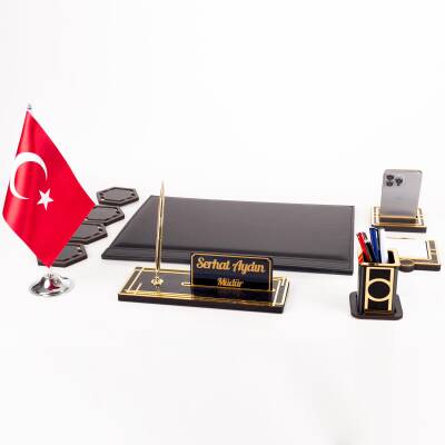 Sümen Takımı Türk Bayraklı 10 Parça Siyah Kişiye Özel Ahşap İsimlikli Mermer Desenli Türk Bayrağı - 5