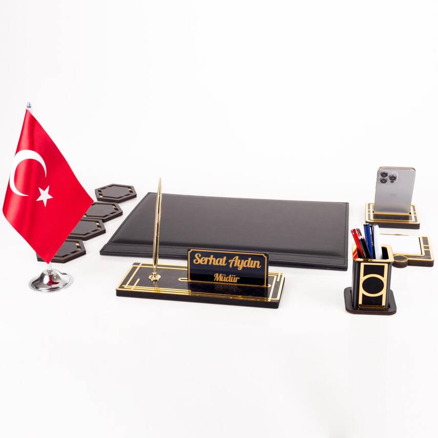 Sümen Takımı Türk Bayraklı 10 Parça Siyah Kişiye Özel Ahşap İsimlikli Mermer Desenli Türk Bayrağı - 5