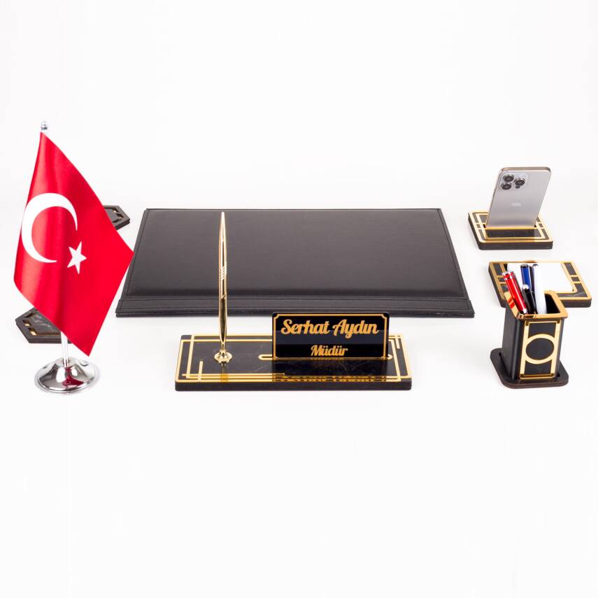 Sümen Takımı Türk Bayraklı 10 Parça Siyah Kişiye Özel Ahşap İsimlikli Mermer Desenli Türk Bayrağı - 6