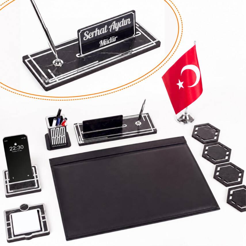 Sümen Takımı Türk Bayraklı 10 Parça Siyah Kişiye Özel Ahşap İsimlikli Mermer Desenli Türk Bayrağı - 1