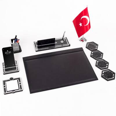 Sümen Takımı Türk Bayraklı 10 Parça Siyah Kişiye Özel Ahşap İsimlikli Mermer Desenli Türk Bayrağı - 2