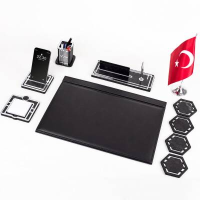 Sümen Takımı Türk Bayraklı 10 Parça Siyah Kişiye Özel Ahşap İsimlikli Mermer Desenli Türk Bayrağı - 3