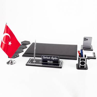 Sümen Takımı Türk Bayraklı 10 Parça Siyah Kişiye Özel Ahşap İsimlikli Mermer Desenli Türk Bayrağı - 4