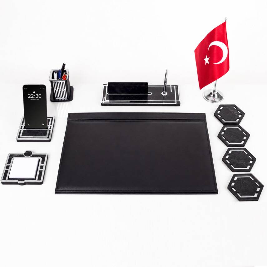 Sümen Takımı Türk Bayraklı 10 Parça Siyah Kişiye Özel Ahşap İsimlikli Mermer Desenli Türk Bayrağı - 5