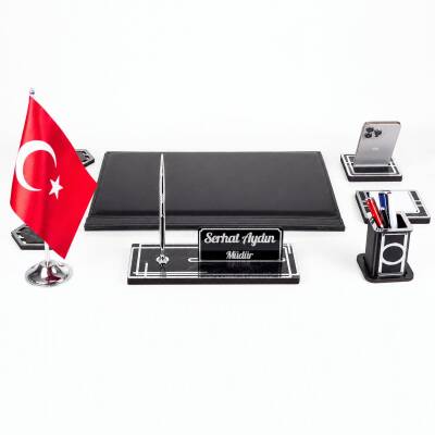 Sümen Takımı Türk Bayraklı 10 Parça Siyah Kişiye Özel Ahşap İsimlikli Mermer Desenli Türk Bayrağı - 6