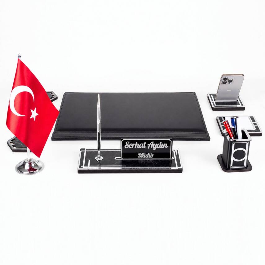 Sümen Takımı Türk Bayraklı 10 Parça Siyah Kişiye Özel Ahşap İsimlikli Mermer Desenli Türk Bayrağı - 6