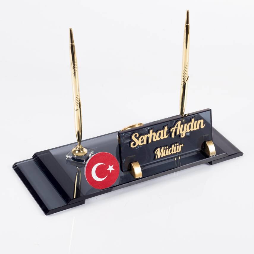 Türk Bayraklı Masa İsimliği Bayrak Logolu Elit Kristal Ofis Masaüstü İsimlik - 4