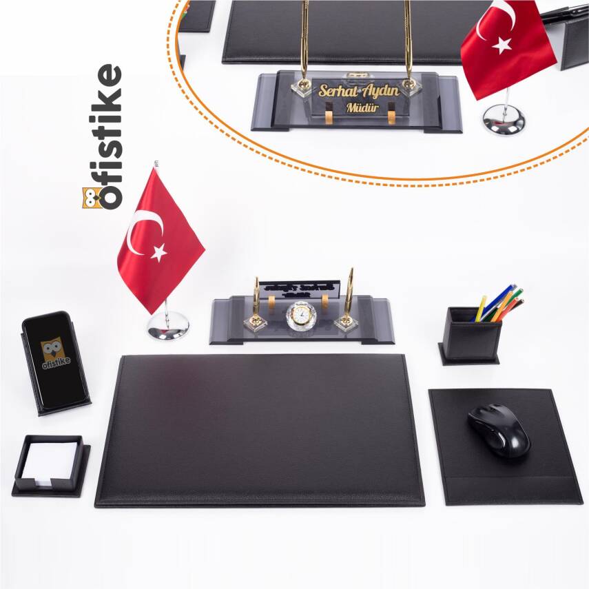 Varta Türk Bayraklı Deri Sümen Takımı Kristal Ofis Masa İsimliği Hediyesi Resmi Makam Takımı - 1