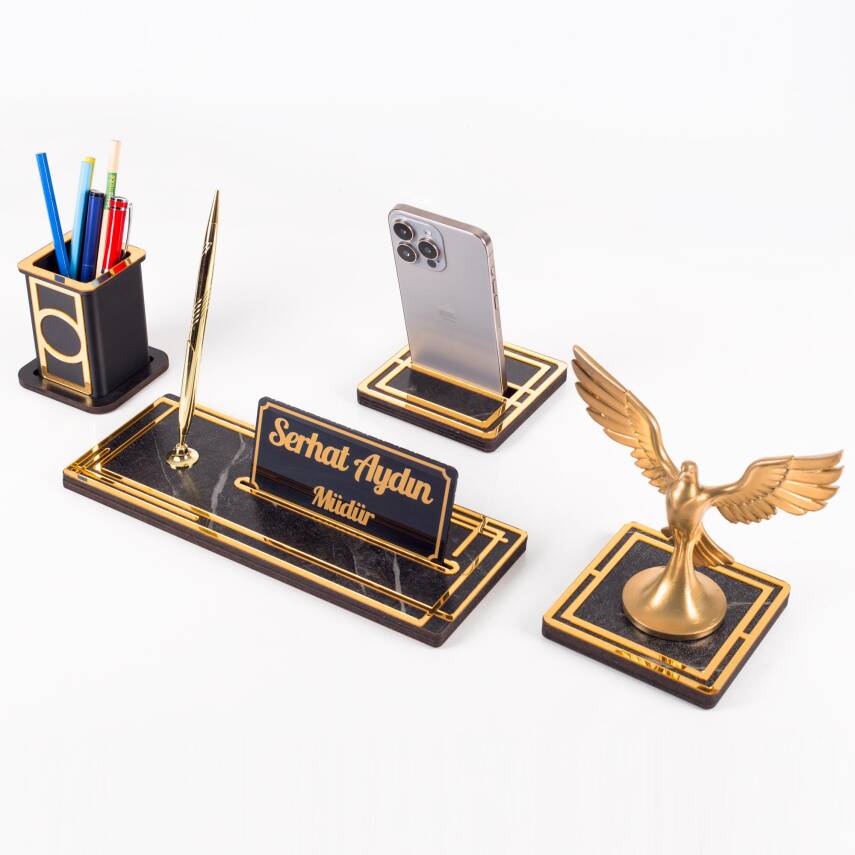Vista Anka Kuşu Biblolu Gold Ahşap Masa İsimliği Seti Mermer Desenli Ofis Hediyesi Masa üstü İsimlik - 1