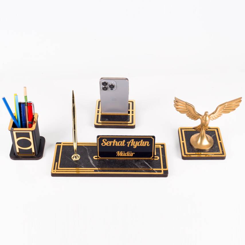 Vista Anka Kuşu Biblolu Gold Ahşap Masa İsimliği Seti Mermer Desenli Ofis Hediyesi Masa üstü İsimlik - 2