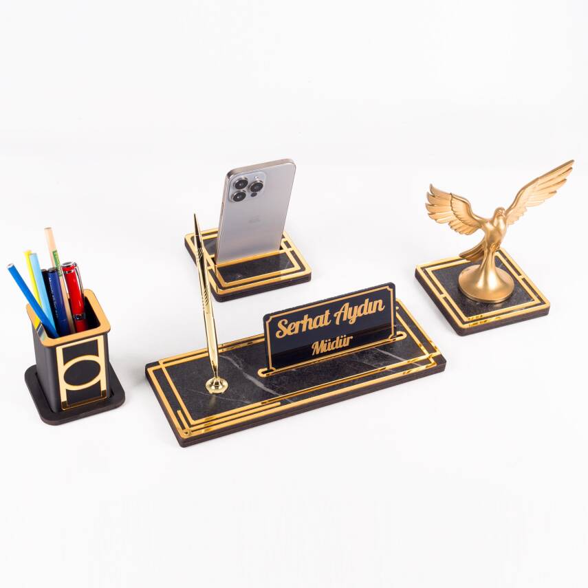 Vista Anka Kuşu Biblolu Gold Ahşap Masa İsimliği Seti Mermer Desenli Ofis Hediyesi Masa üstü İsimlik - 3