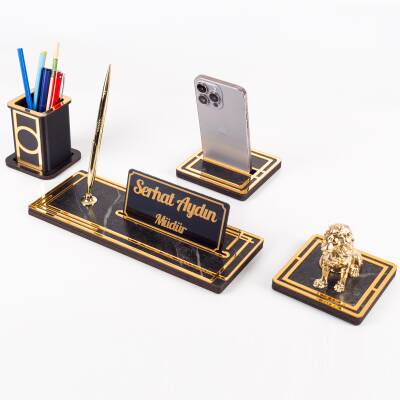 Vista Aslan Biblolu Biblolu Gold Ahşap Masa İsimliği Seti Mermer Desenli Ofis Hediyesi Masa üstü İsimlik - Ofistike