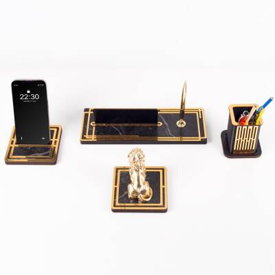 Vista Aslan Biblolu Biblolu Gold Ahşap Masa İsimliği Seti Mermer Desenli Ofis Hediyesi Masa üstü İsimlik - 2