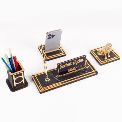 Vista Aslan Biblolu Biblolu Gold Ahşap Masa İsimliği Seti Mermer Desenli Ofis Hediyesi Masa üstü İsimlik - 3
