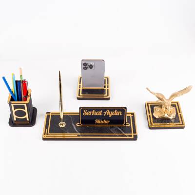 Vista Kartal Biblolu Gold Ahşap Masa İsimliği Seti Mermer Desenli Ofis Hediyesi Masa üstü İsimlik - 4